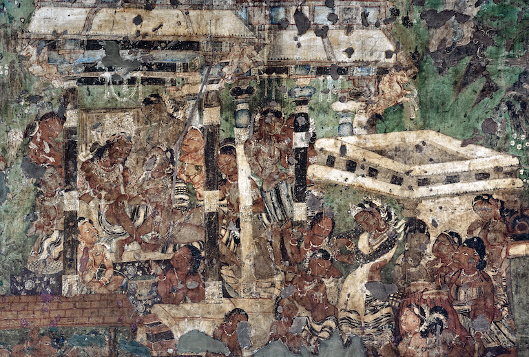 Wall painting inside Cave 1, Ajanta. Apart from the Buddhist scenes depicted, insight is there in the paintings of details of the architectural elements used in structures of that time. The columns are plain wooden ones with stone bases and their circular capitals are painted with mineral colours. A tent is also depicted in one mural. This famous painting of a dancing girl performing has pavilions with wooden eaves, columns