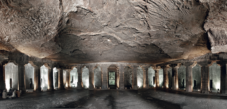 Cave at Ajanta, Aurangabad, Maharashtra: An unfinished cave that depicts the laborious manner in which the caves were carved out of stone – scooped out and the roof chiselled to a plain surface. The columns were in the process of getting carved capitals when the construction seems to have been stopped.