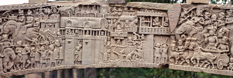 Vernacular architecture depicted in Indian archaeological sites. Fort and palace depicted in the sculptures of a gate at the Sanchi stupa and a dwelling in the countryside